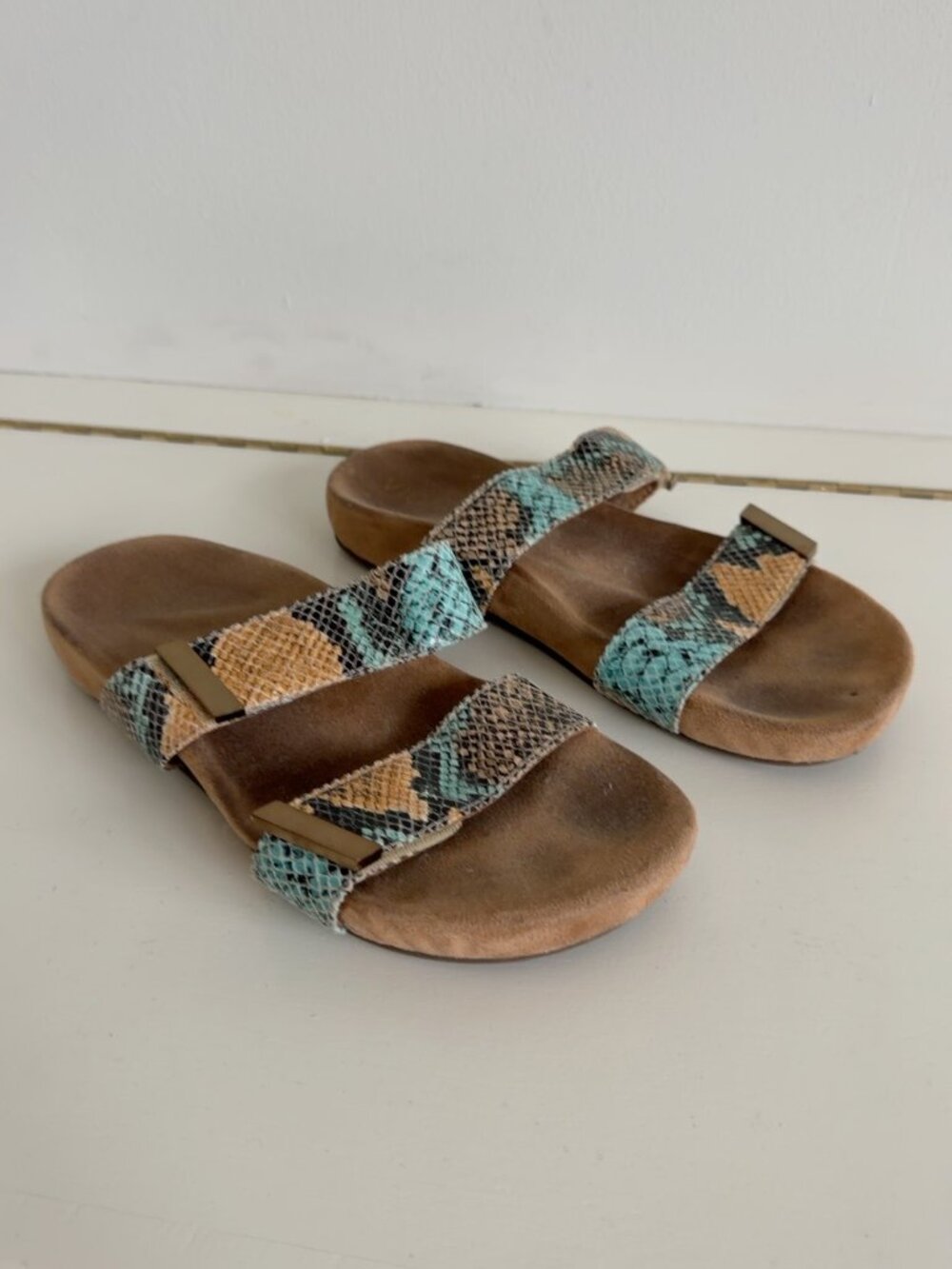Vionic Snakeskin Print Adjustable Slide Sandals Turquoise Tan US6/EU36